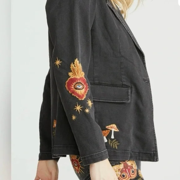 DRIFTWOOD / Free People Black Denim Embroidered Blazer with Mushroom sz L NWT - Picture 4 of 8